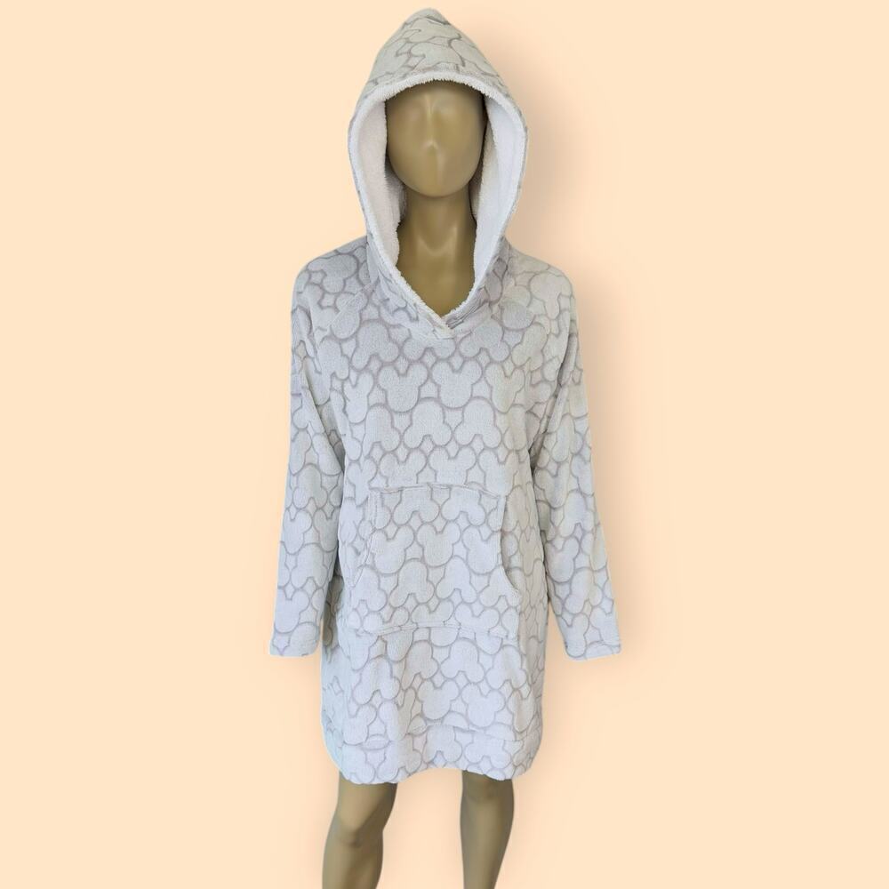 Disney Mickey Minnie Lounger Sleepwear Terry Fleece Hood Tunic Dress Size L Gray